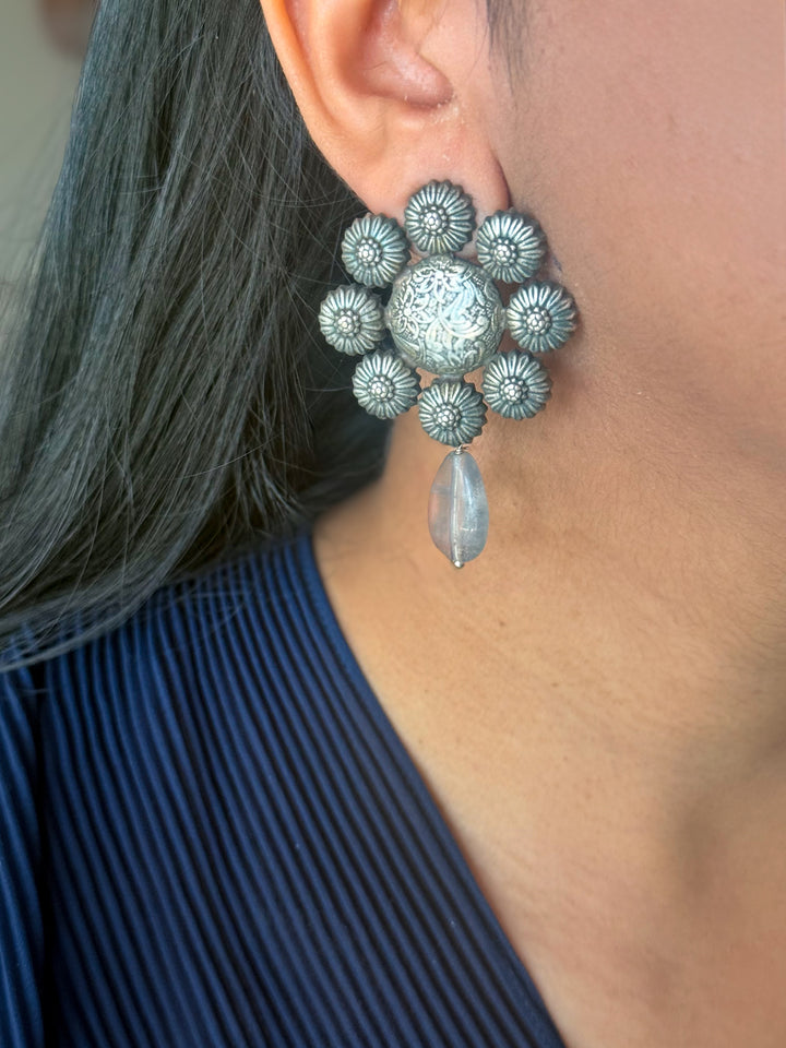 Tribal Fluorite Drop Brass Earrings | Lightweight Statement Earrings | SHIVKA