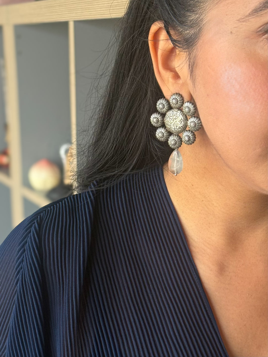 Tribal Fluorite Drop Brass Earrings | Lightweight Statement Earrings | SHIVKA