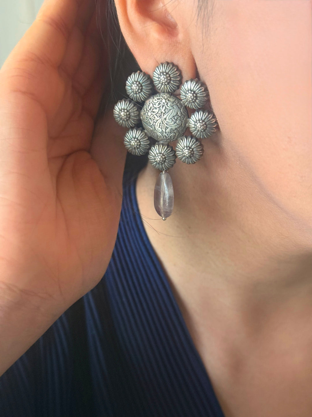 Tribal Fluorite Drop Brass Earrings | Lightweight Statement Earrings | SHIVKA