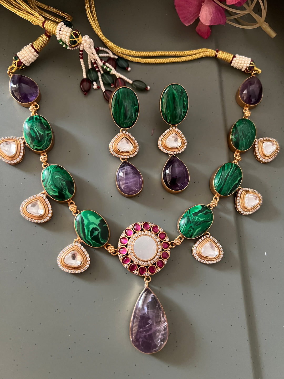 Amethyst and Malachite Kundan Necklace Set - Unmatched Quality and Style