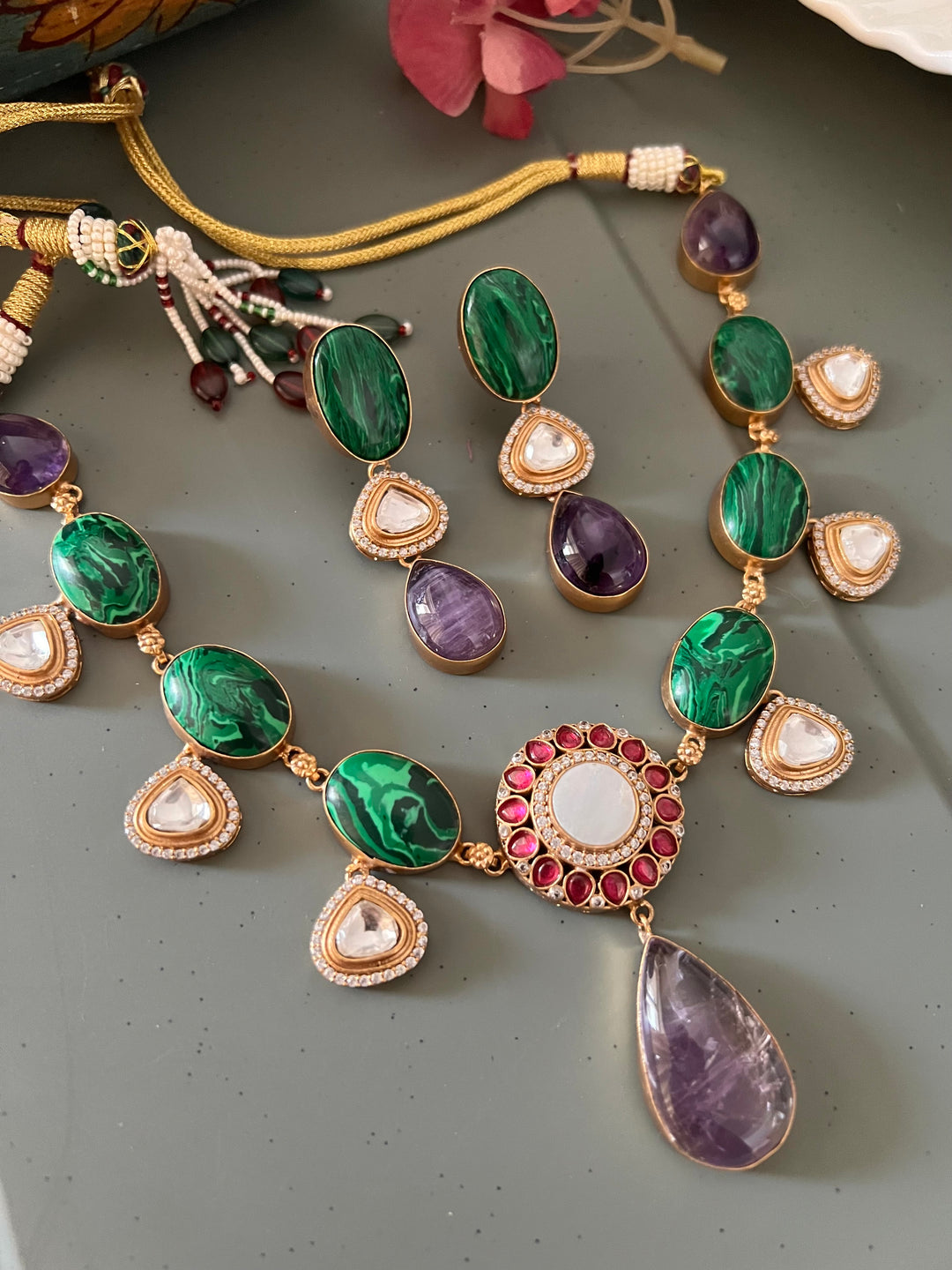 Amethyst and Malachite Kundan Necklace Set - Unmatched Quality and Style