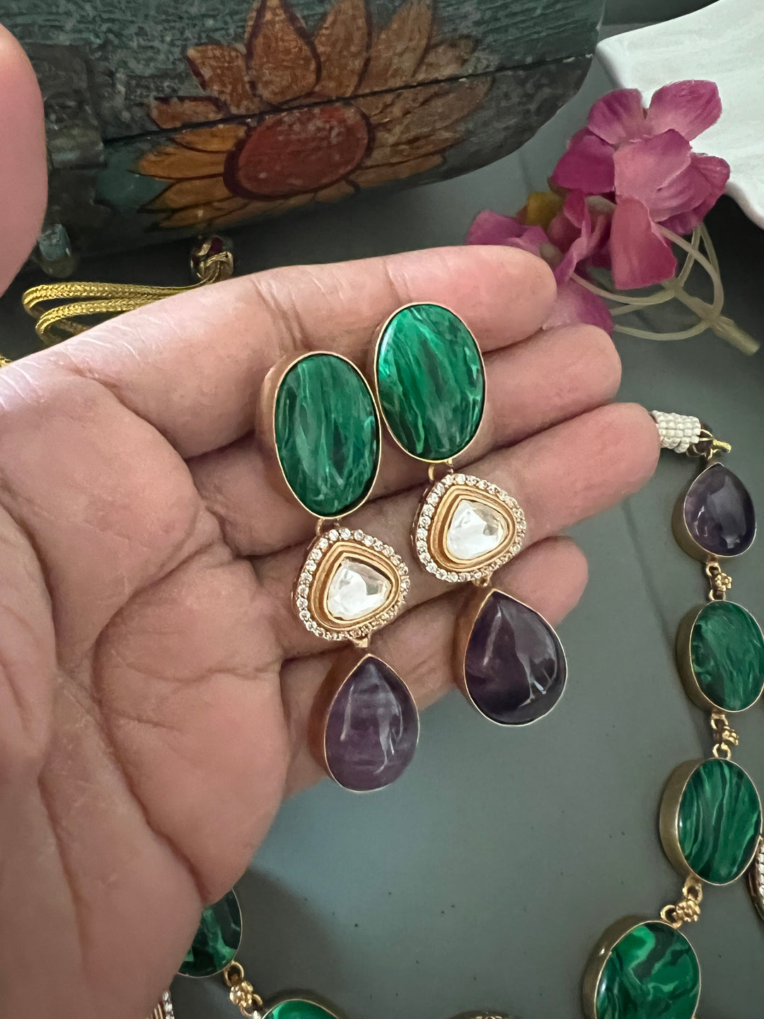 Amethyst and Malachite Kundan Necklace Set - Unmatched Quality and Style