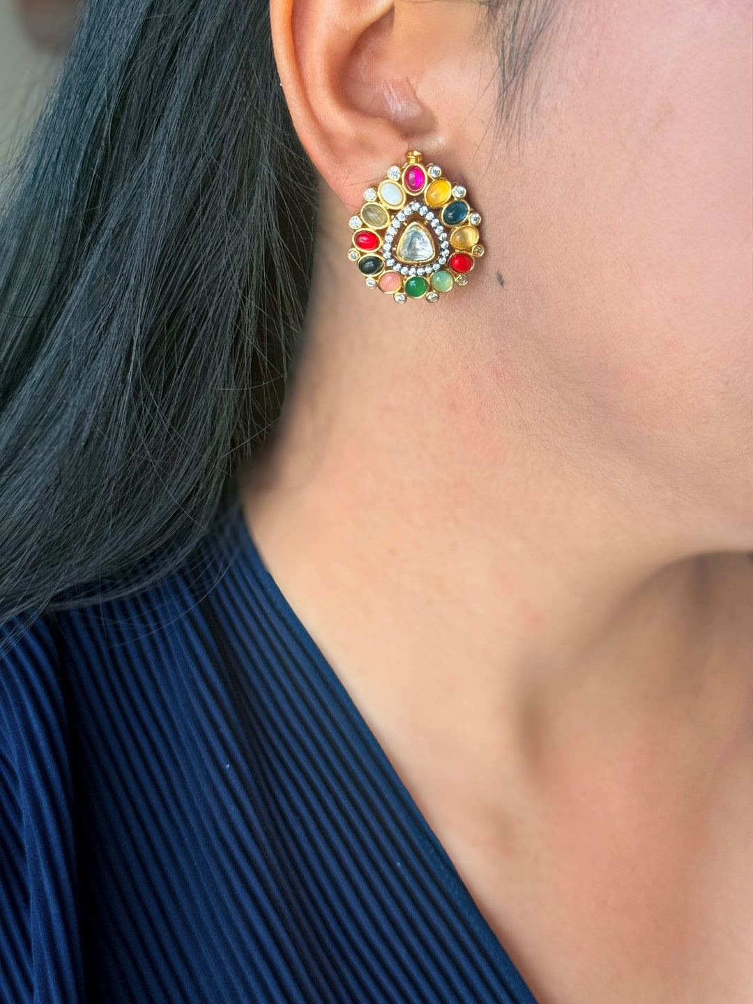 Handmade Designer Navratna Brass Studs | SHIVKA | 3x2.5 cm | 14g Pair | Push Back | Festive Gift Jewelry