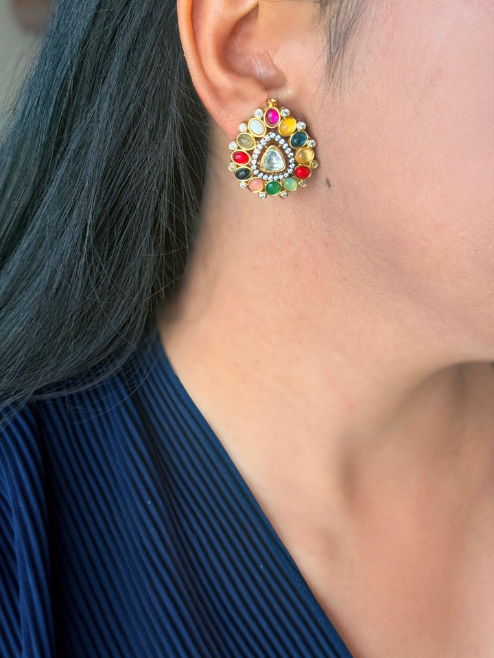 Handmade Designer Navratna Brass Studs | SHIVKA | 3x2.5 cm | 14g Pair | Push Back | Festive Gift Jewelry