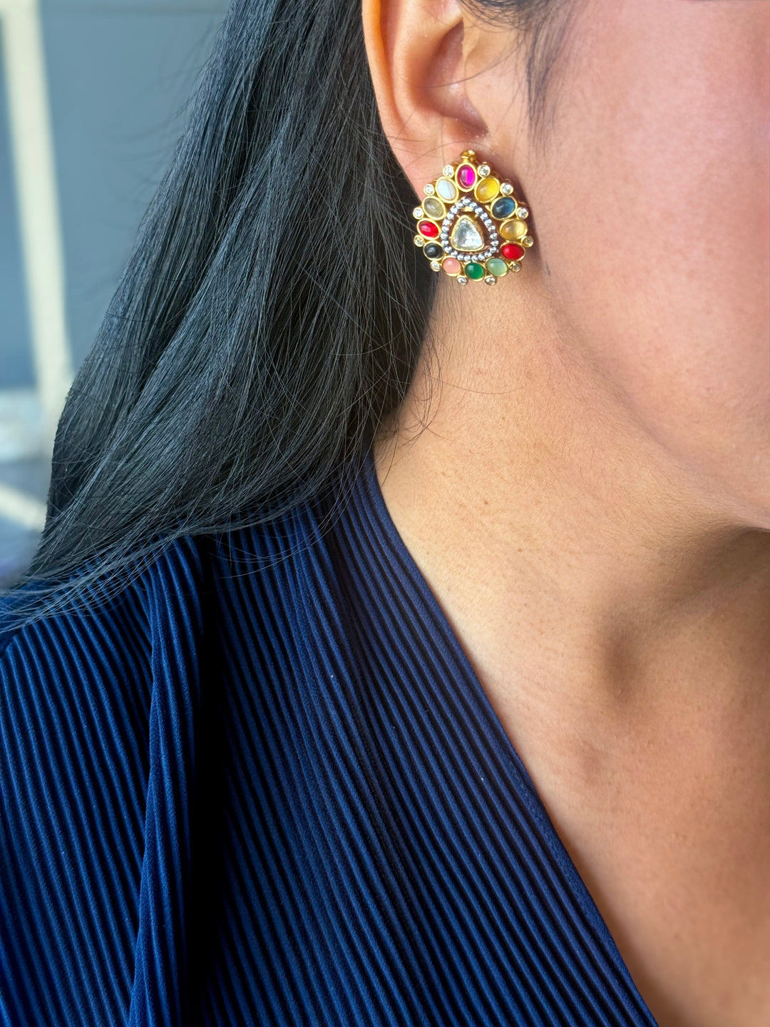 Handmade Designer Navratna Brass Studs | SHIVKA | 3x2.5 cm | 14g Pair | Push Back | Festive Gift Jewelry