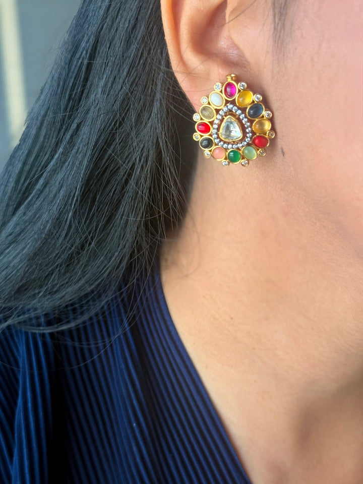 Handmade Designer Navratna Brass Studs | SHIVKA | 3x2.5 cm | 14g Pair | Push Back | Festive Gift Jewelry