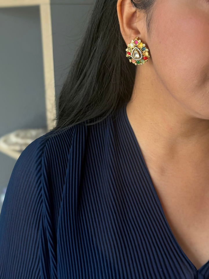 Handmade Designer Navratna Brass Studs | SHIVKA | 3x2.5 cm | 14g Pair | Push Back | Festive Gift Jewelry