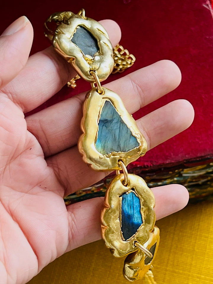 Handmade Necklace with Natural Raw Labradorite | Adjustable Modern Gold Polish Necklace by SHIVKA