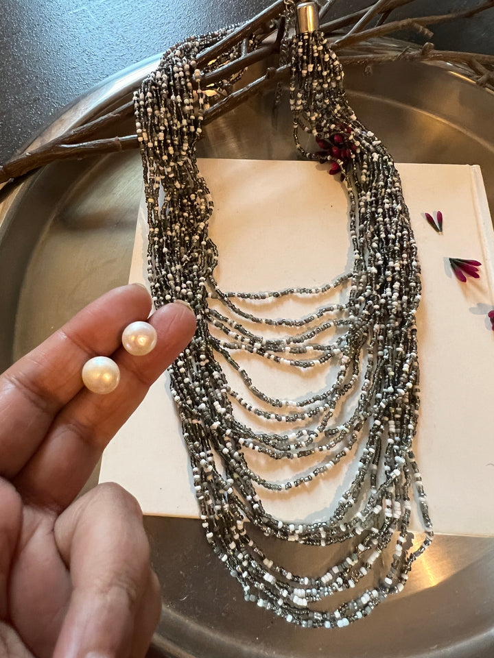 Asymmetric Beaded Necklace with Pearl Studs