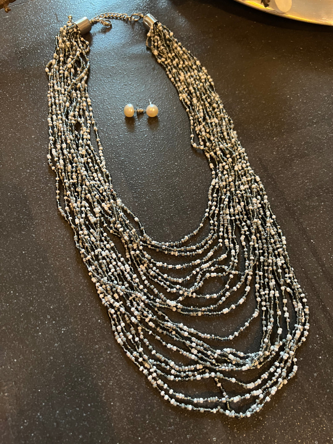 Asymmetric Beaded Necklace with Pearl Studs