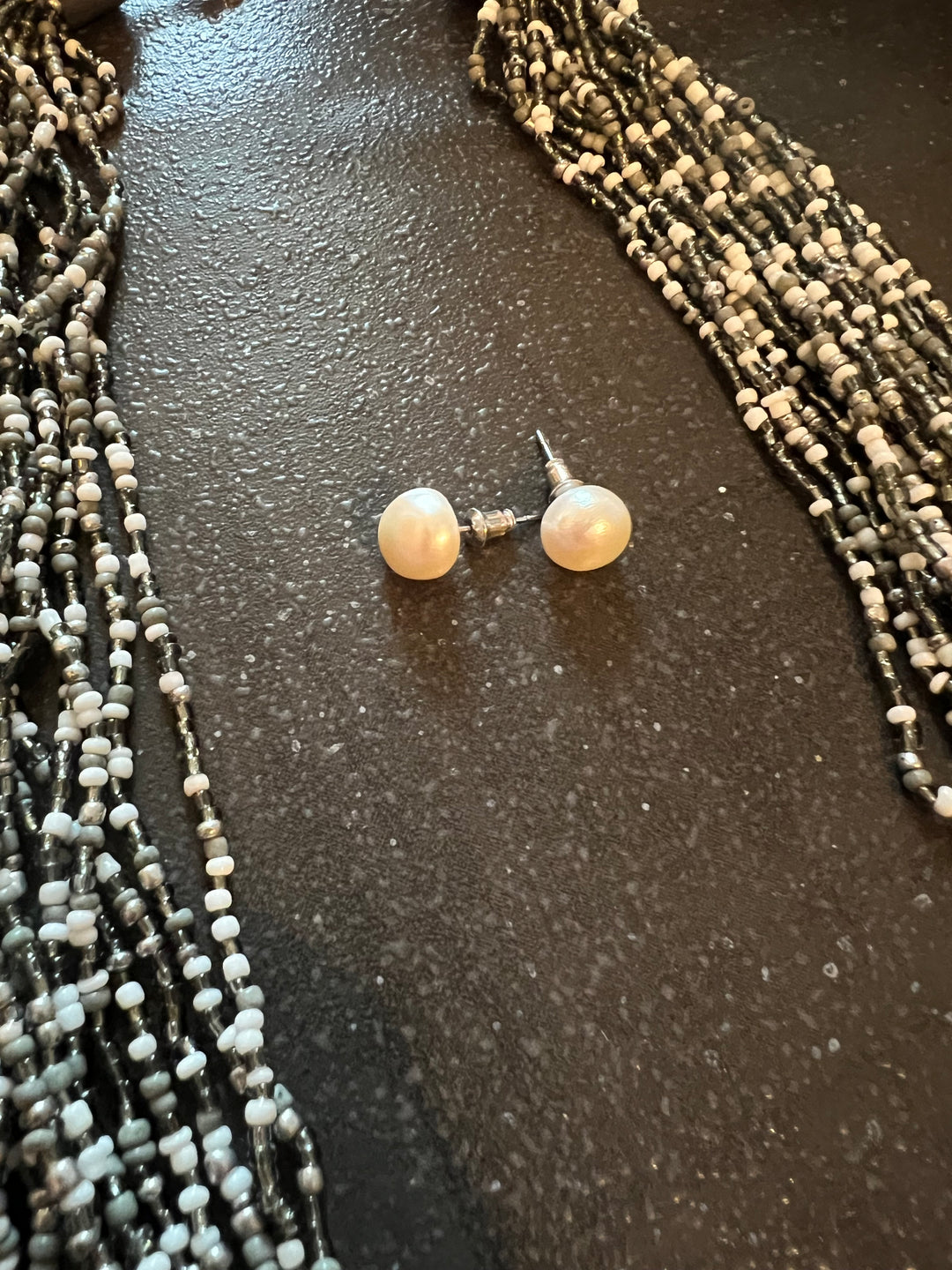 Asymmetric Beaded Necklace with Pearl Studs