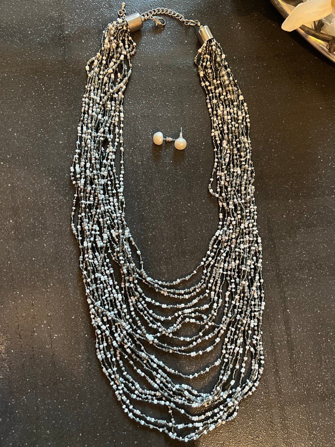 Asymmetric Beaded Necklace with Pearl Studs