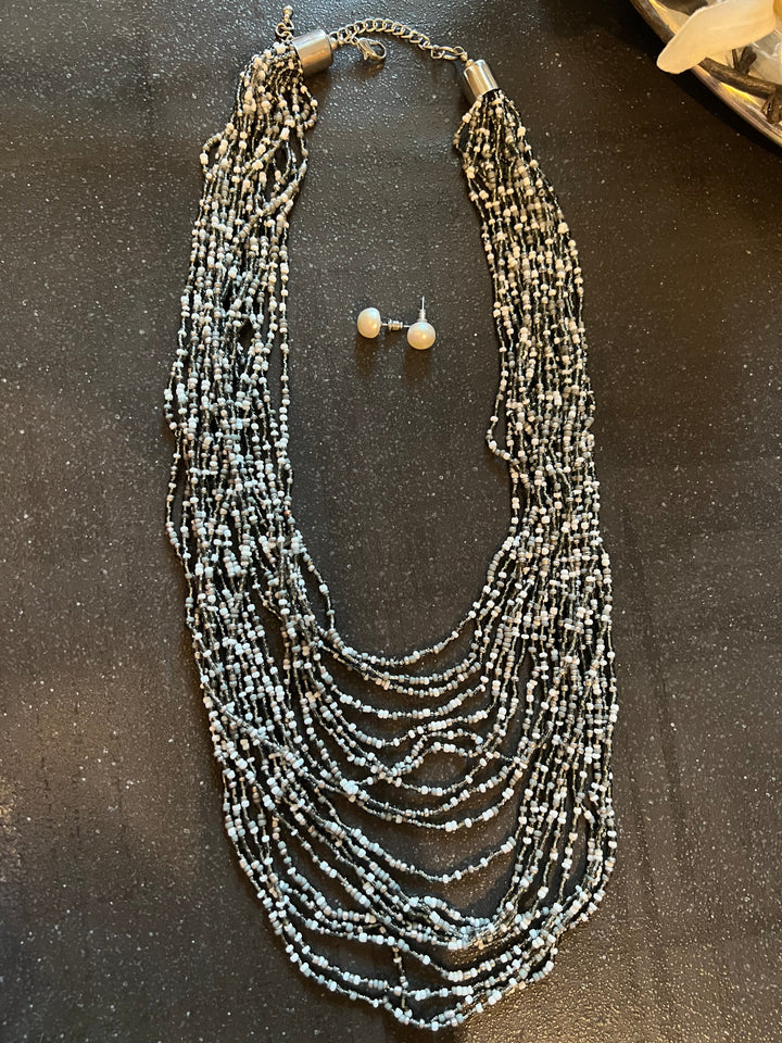 Asymmetric Beaded Necklace with Pearl Studs