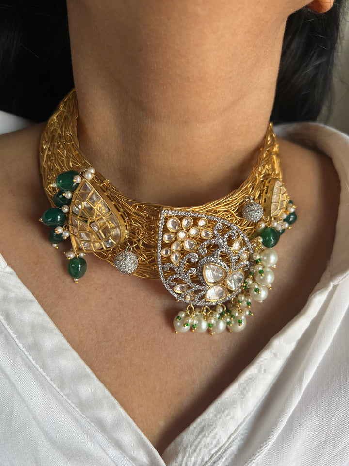 Elegant Gold-Plated Statement Choker Necklace Set with Premium Pearls & CZ Stones