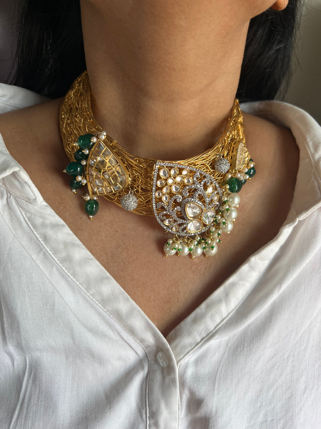 Elegant Gold-Plated Statement Choker Necklace Set with Premium Pearls & CZ Stones