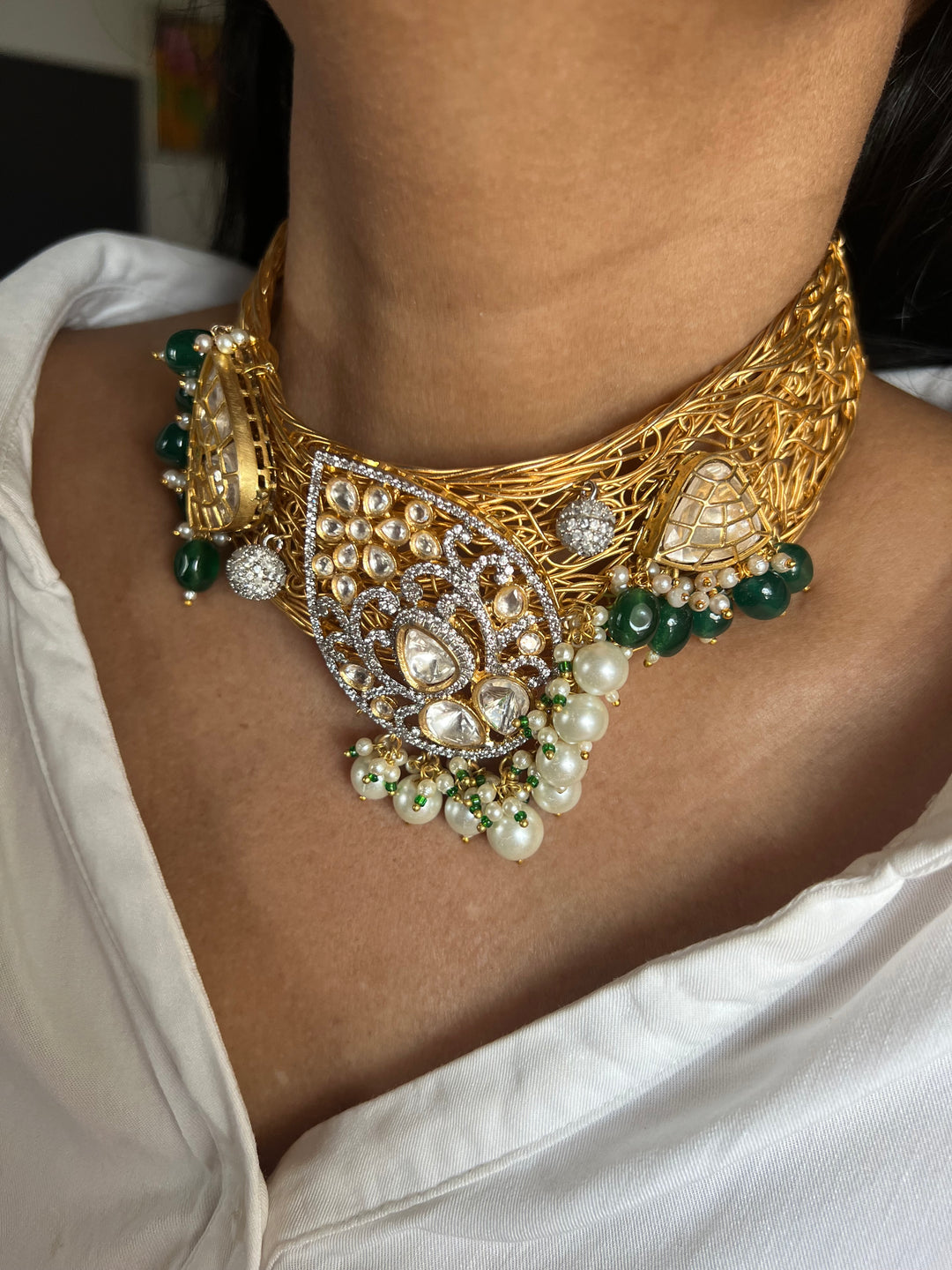 Elegant Gold-Plated Statement Choker Necklace Set with Premium Pearls & CZ Stones