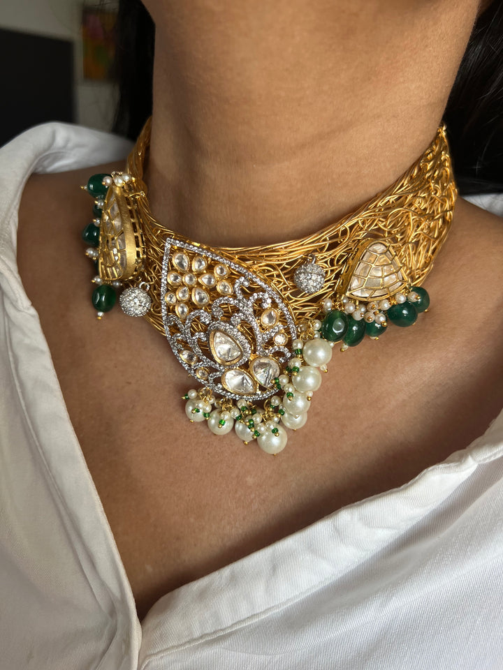 Elegant Gold-Plated Statement Choker Necklace Set with Premium Pearls & CZ Stones