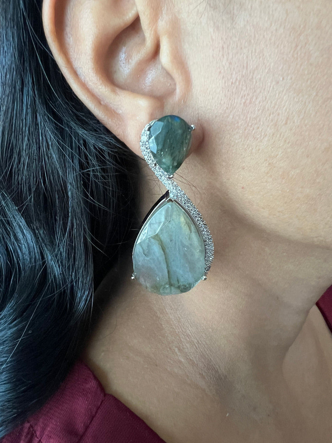 Designer Labradorite Earrings with CZ Stones and Silver Polish - Premium Quality