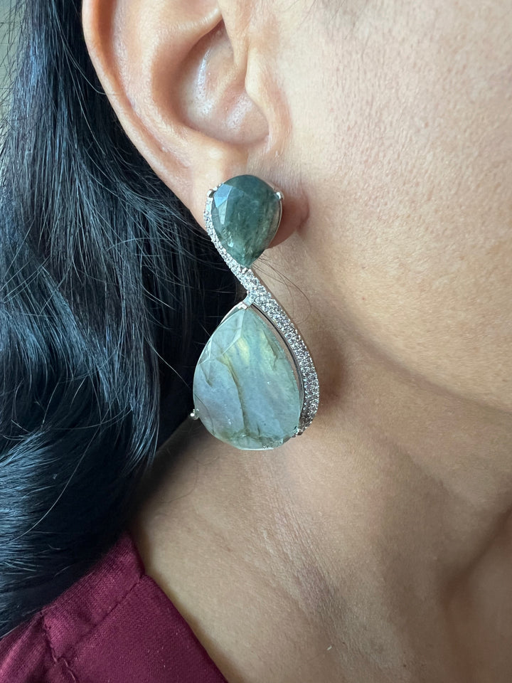 Designer Labradorite Earrings with CZ Stones and Silver Polish - Premium Quality