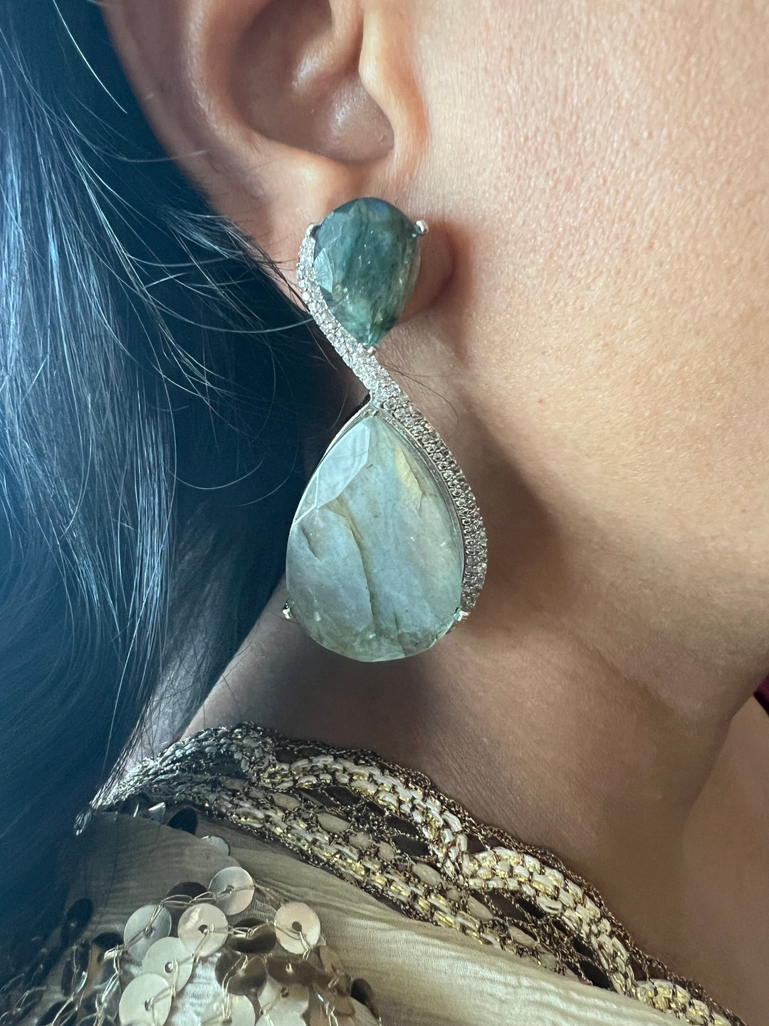 Designer Labradorite Earrings with CZ Stones and Silver Polish - Premium Quality