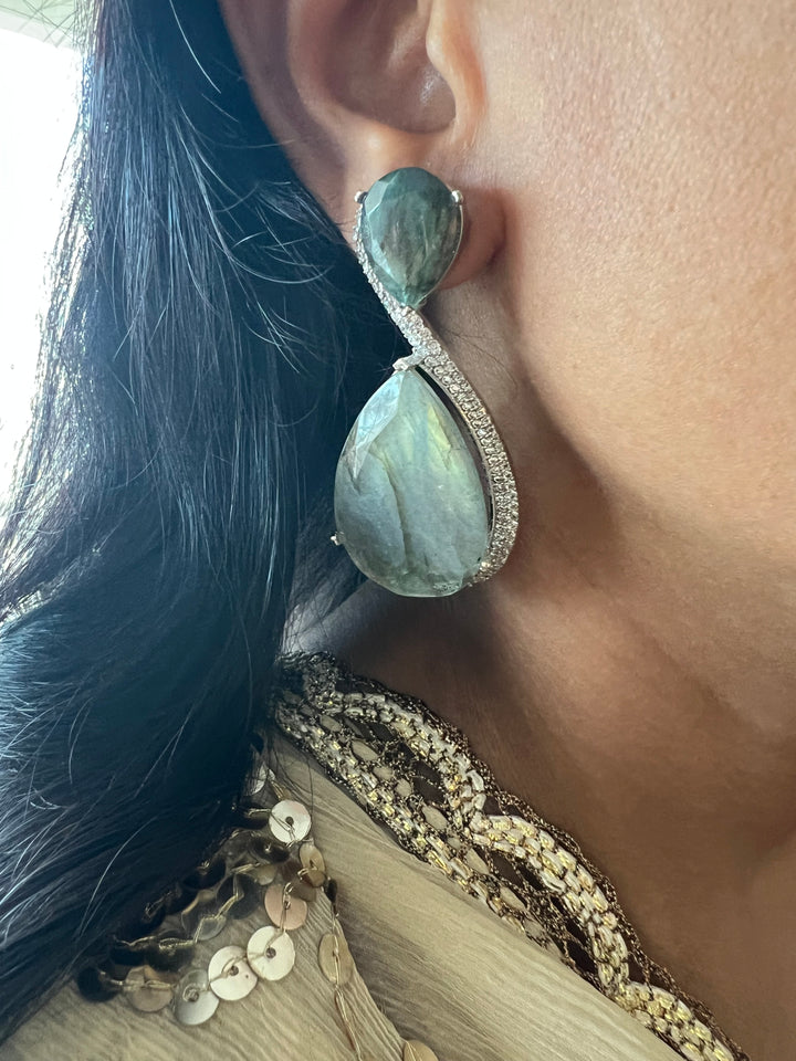 Designer Labradorite Earrings with CZ Stones and Silver Polish - Premium Quality