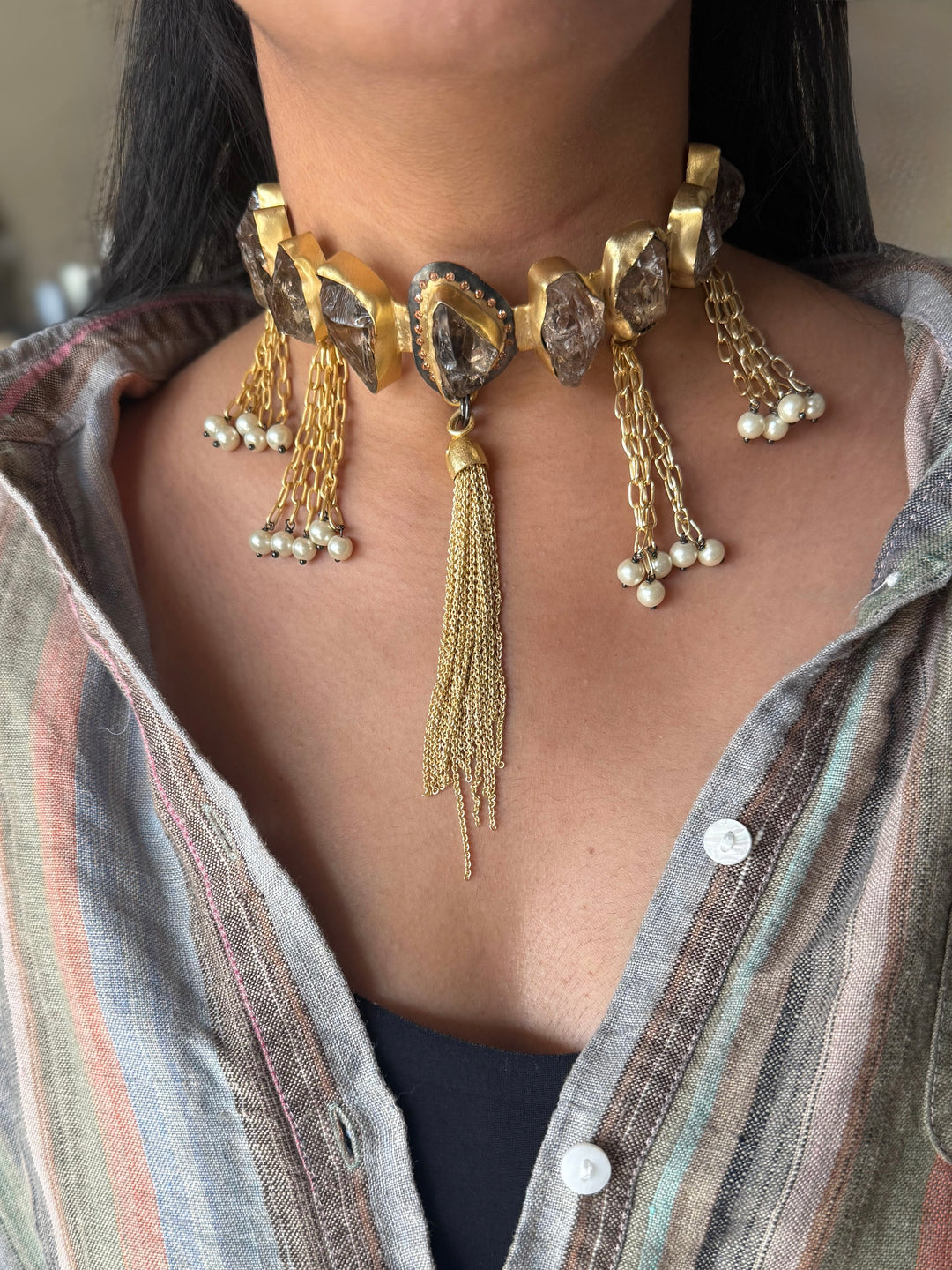 Handmade Raw Druzy Stone Statement Choker | Dual Tone Brass Adjustable Lobster Claw Necklace