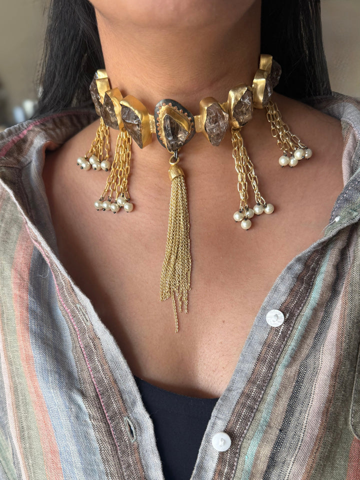 Handmade Raw Druzy Stone Statement Choker | Dual Tone Brass Adjustable Lobster Claw Necklace