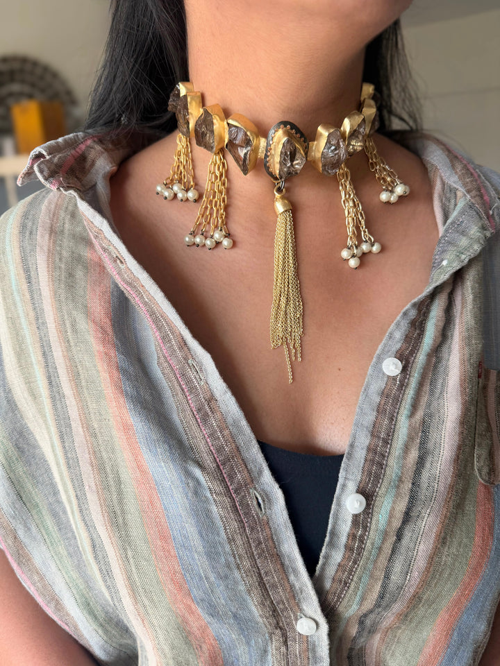 Handmade Raw Druzy Stone Statement Choker | Dual Tone Brass Adjustable Lobster Claw Necklace