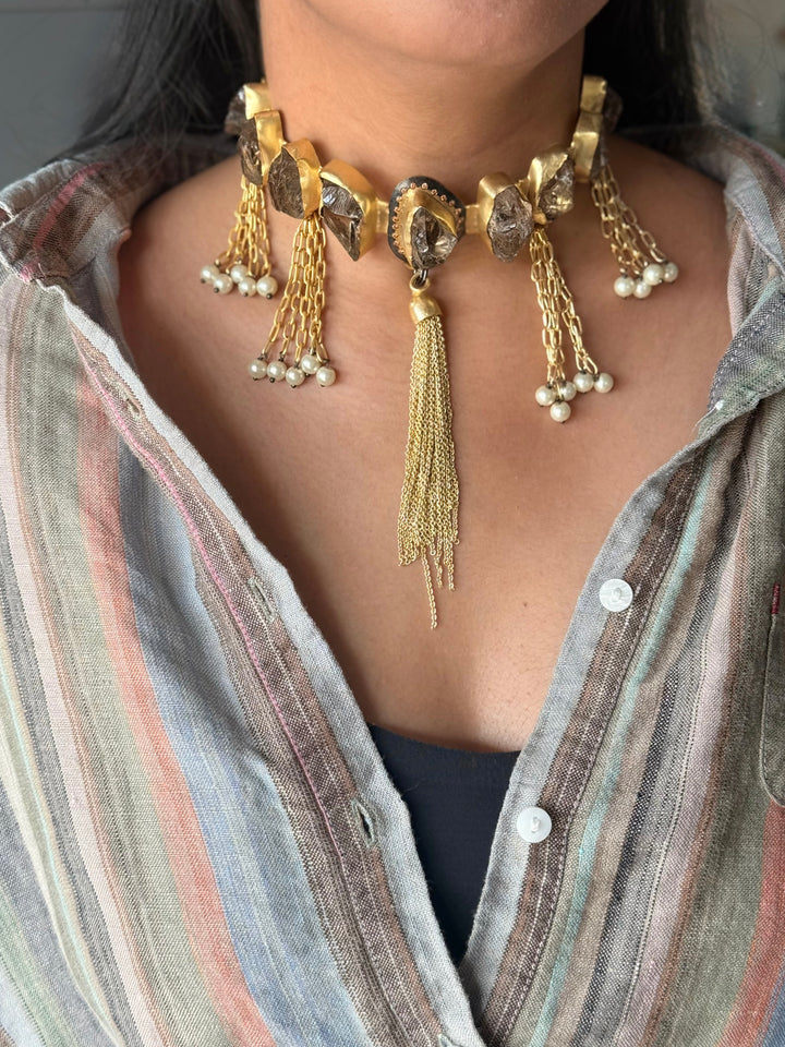 Handmade Raw Druzy Stone Statement Choker | Dual Tone Brass Adjustable Lobster Claw Necklace