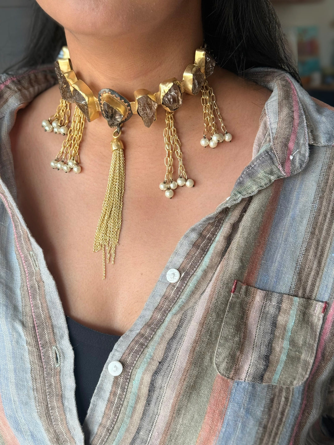 Handmade Raw Druzy Stone Statement Choker | Dual Tone Brass Adjustable Lobster Claw Necklace