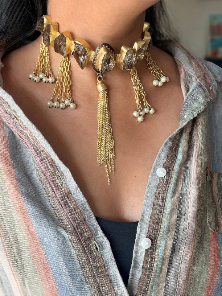 Handmade Raw Druzy Stone Statement Choker | Dual Tone Brass Adjustable Lobster Claw Necklace