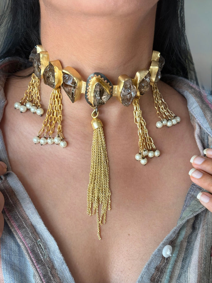 Handmade Raw Druzy Stone Statement Choker | Dual Tone Brass Adjustable Lobster Claw Necklace
