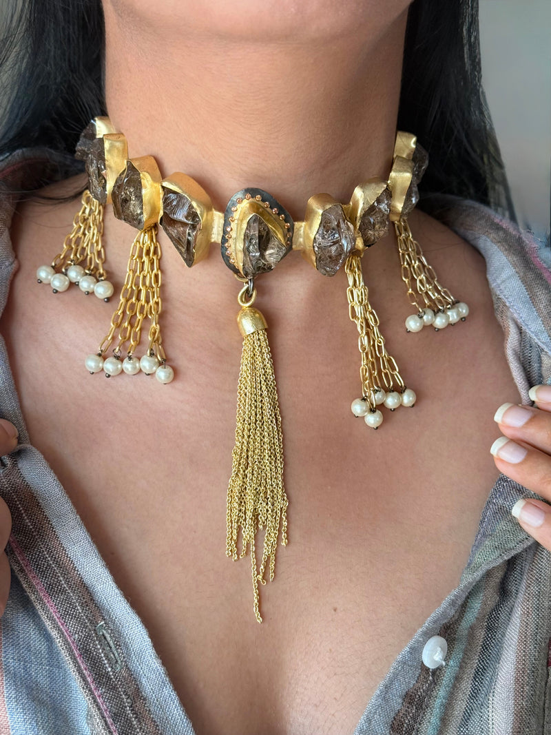 Handmade Raw Druzy Stone Statement Choker | Dual Tone Brass Adjustable Lobster Claw Necklace