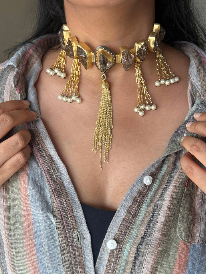 Handmade Raw Druzy Stone Statement Choker | Dual Tone Brass Adjustable Lobster Claw Necklace