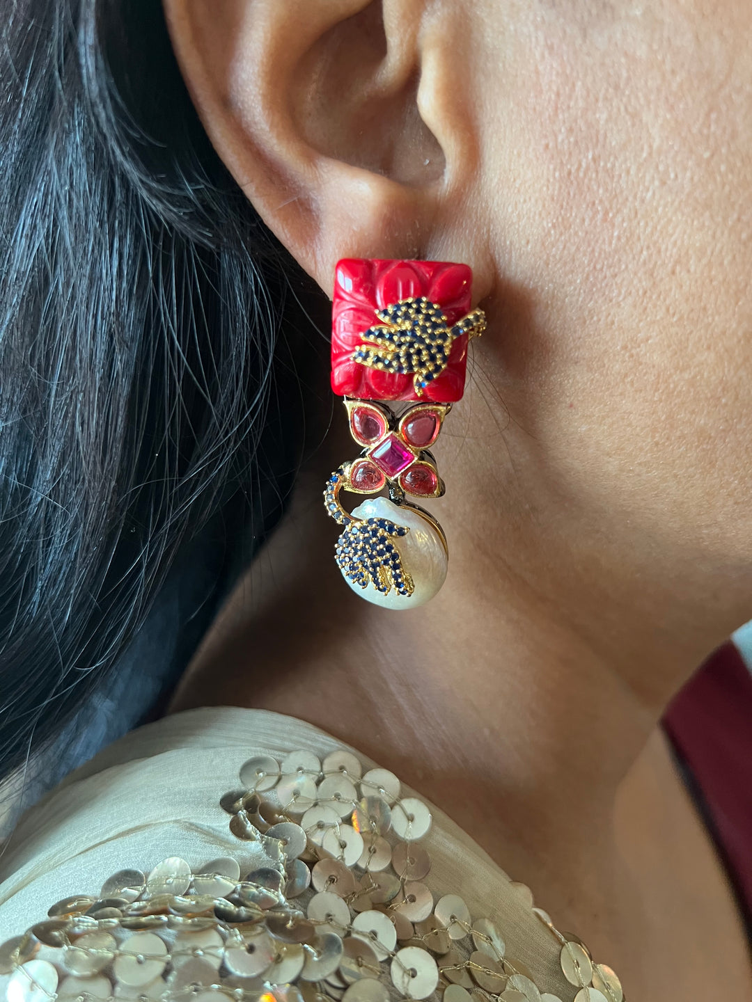 Designer Carved Stone Earrings with Dual Tone Polish - Premium Quality