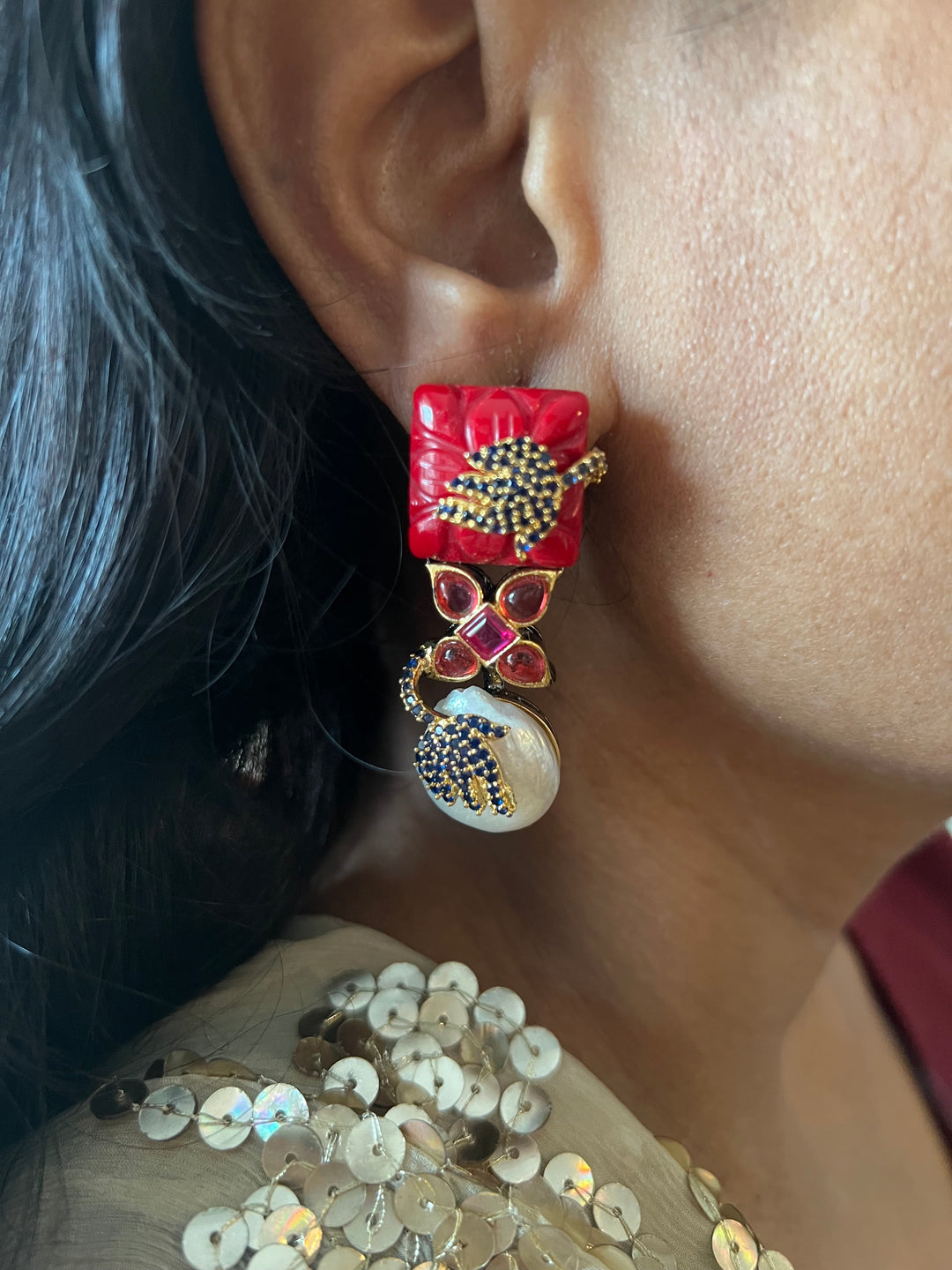 Designer Carved Stone Earrings with Dual Tone Polish - Premium Quality