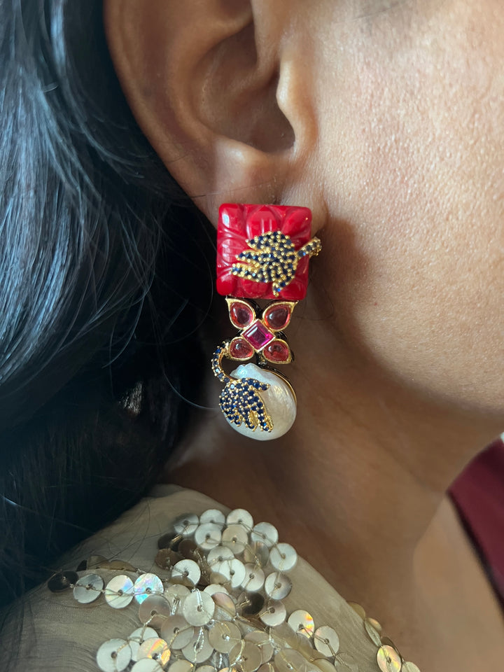 Designer Carved Stone Earrings with Dual Tone Polish - Premium Quality