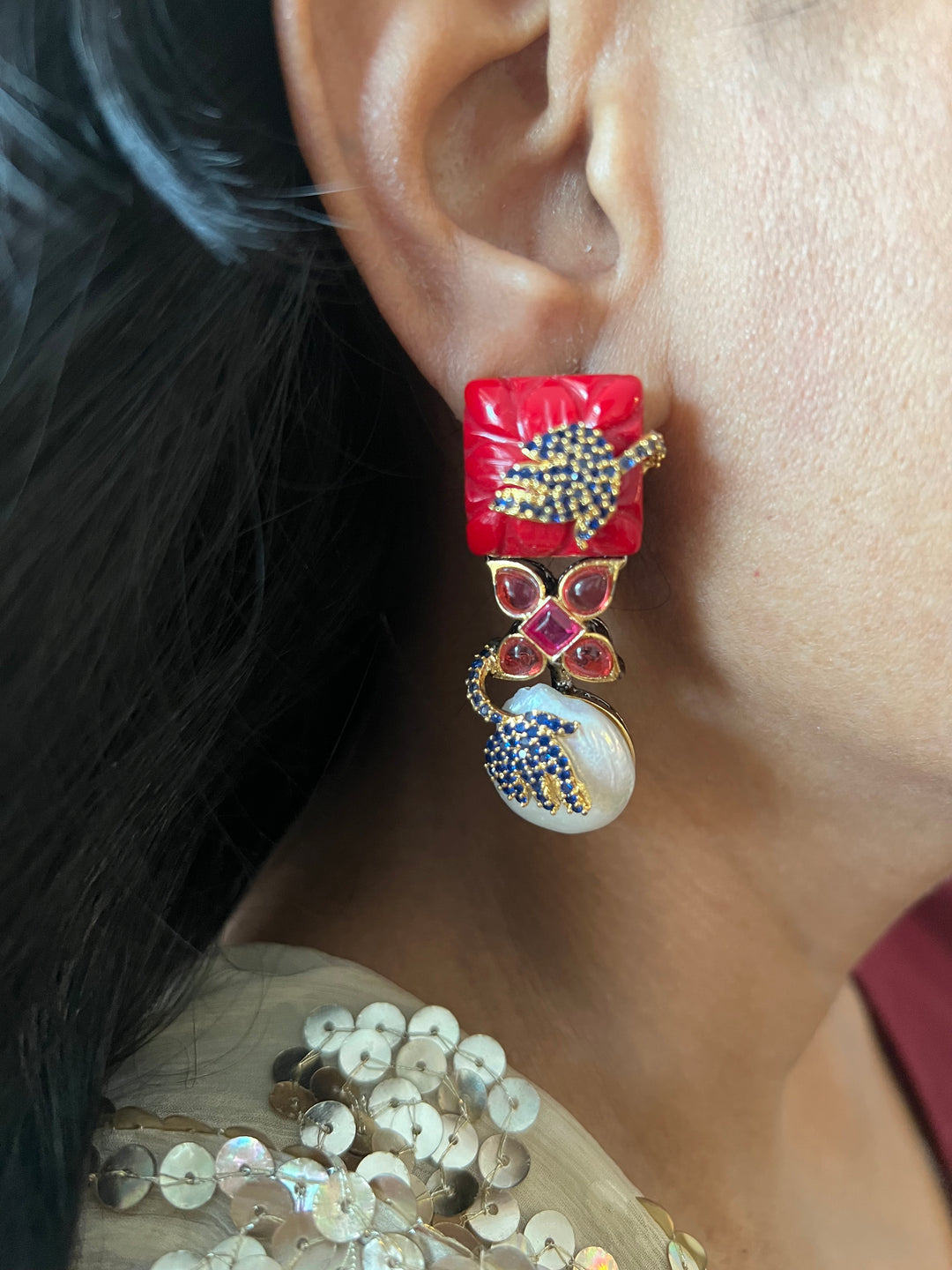 Designer Carved Stone Earrings with Dual Tone Polish - Premium Quality