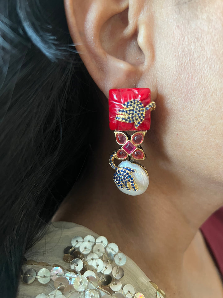 Designer Carved Stone Earrings with Dual Tone Polish - Premium Quality