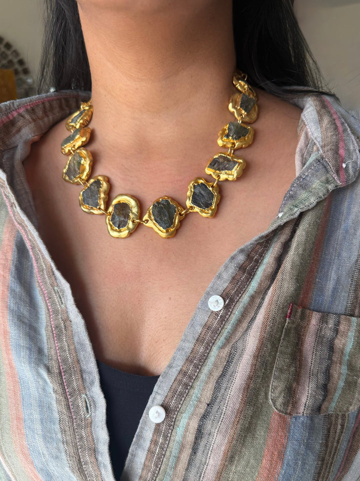 Handmade Natural Stones Gold Embedded Necklace | Adjustable Lobster Claw Brass Statement Jewelry