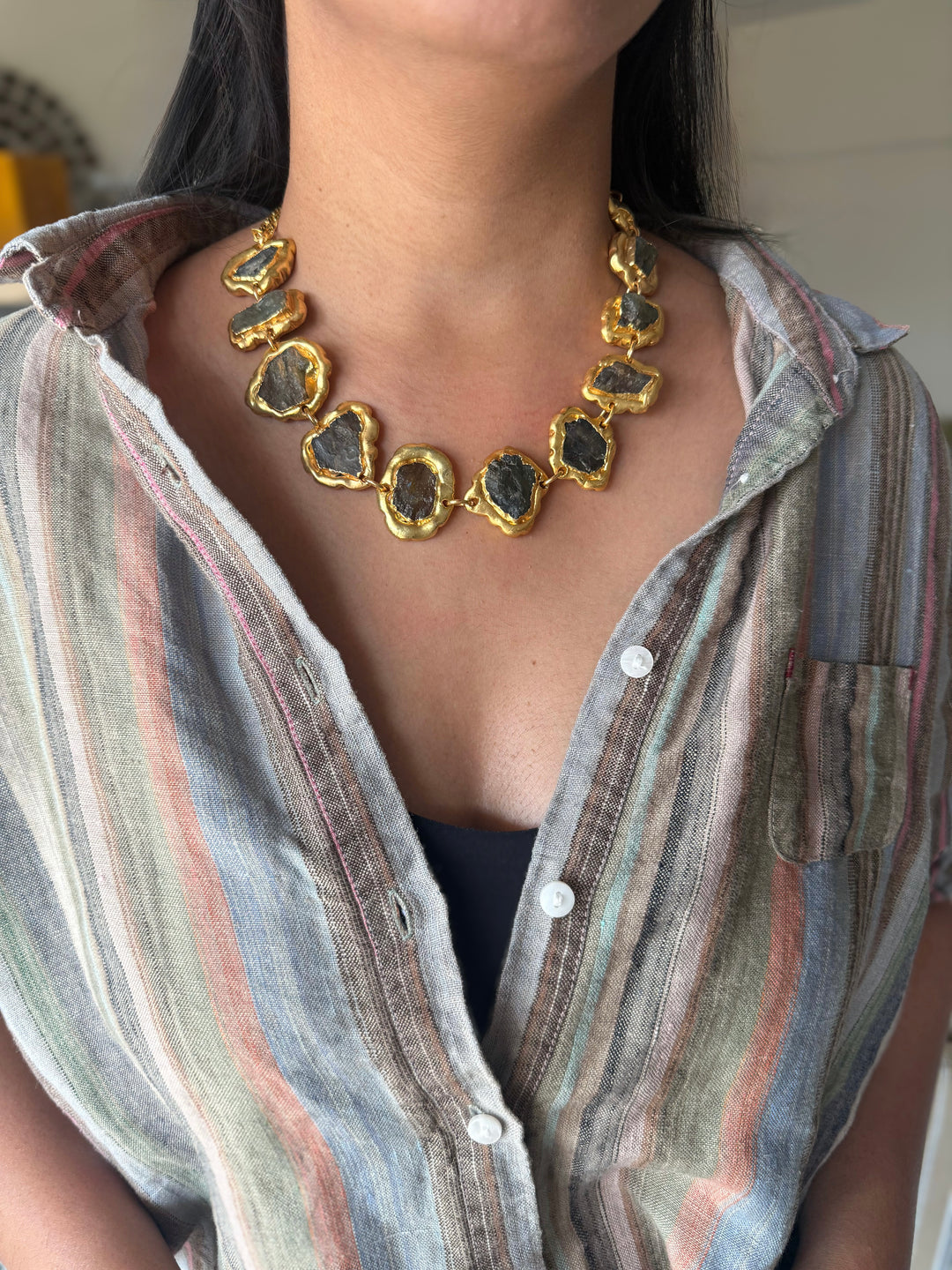 Handmade Natural Stones Gold Embedded Necklace | Adjustable Lobster Claw Brass Statement Jewelry