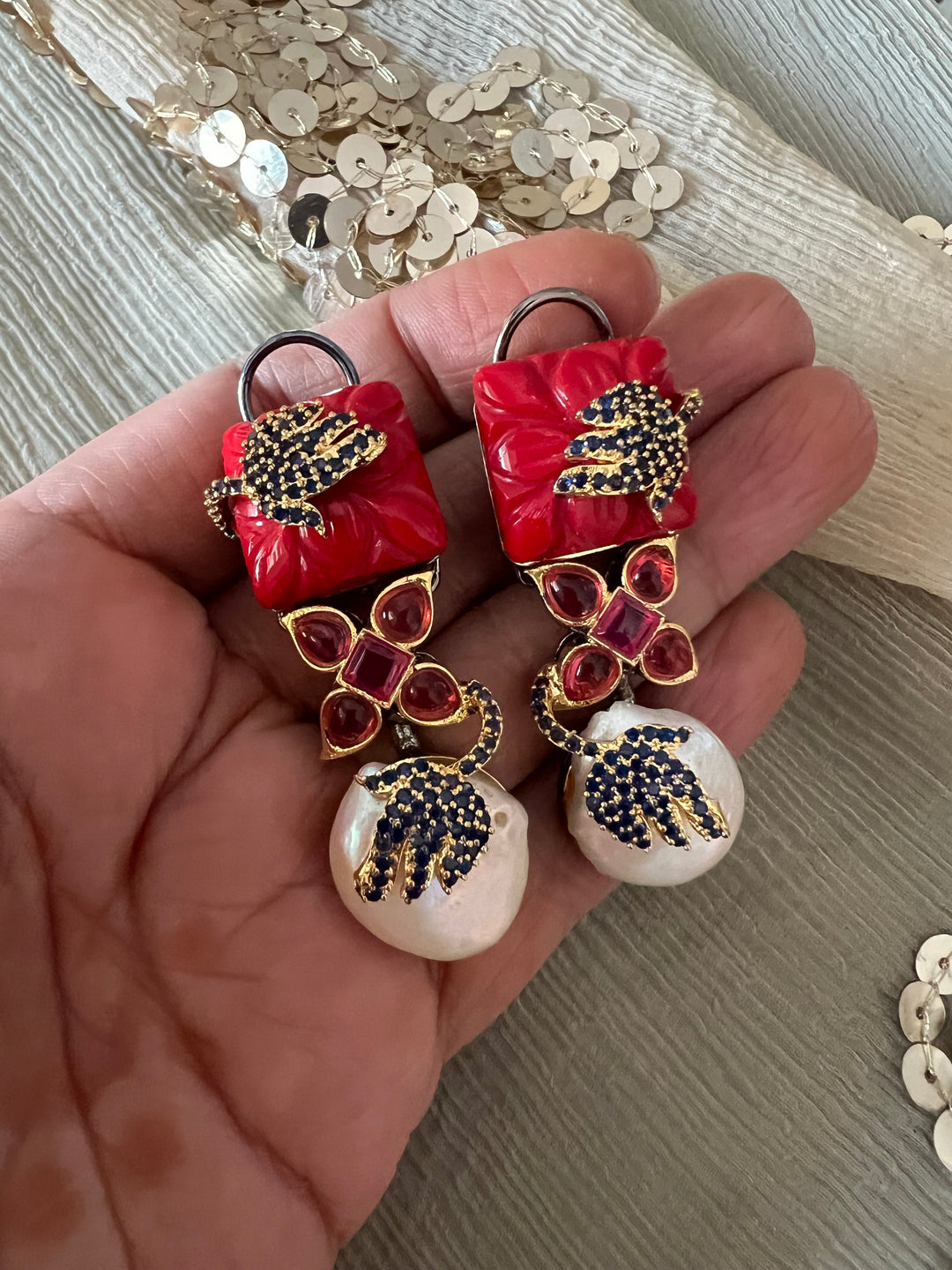 Designer Carved Stone Earrings with Dual Tone Polish - Premium Quality