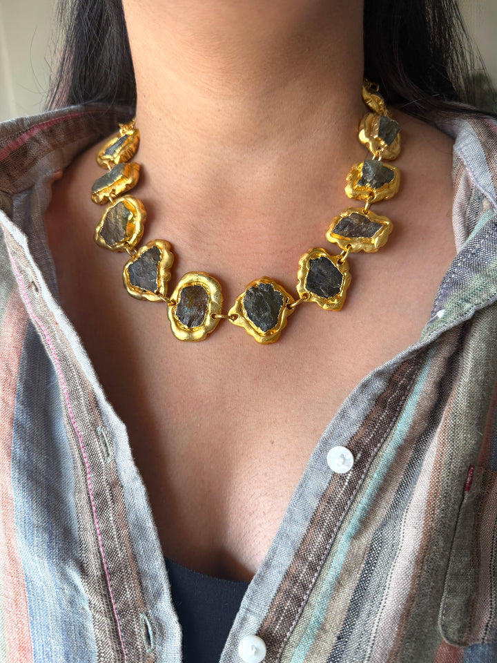 Handmade Natural Stones Gold Embedded Necklace | Adjustable Lobster Claw Brass Statement Jewelry