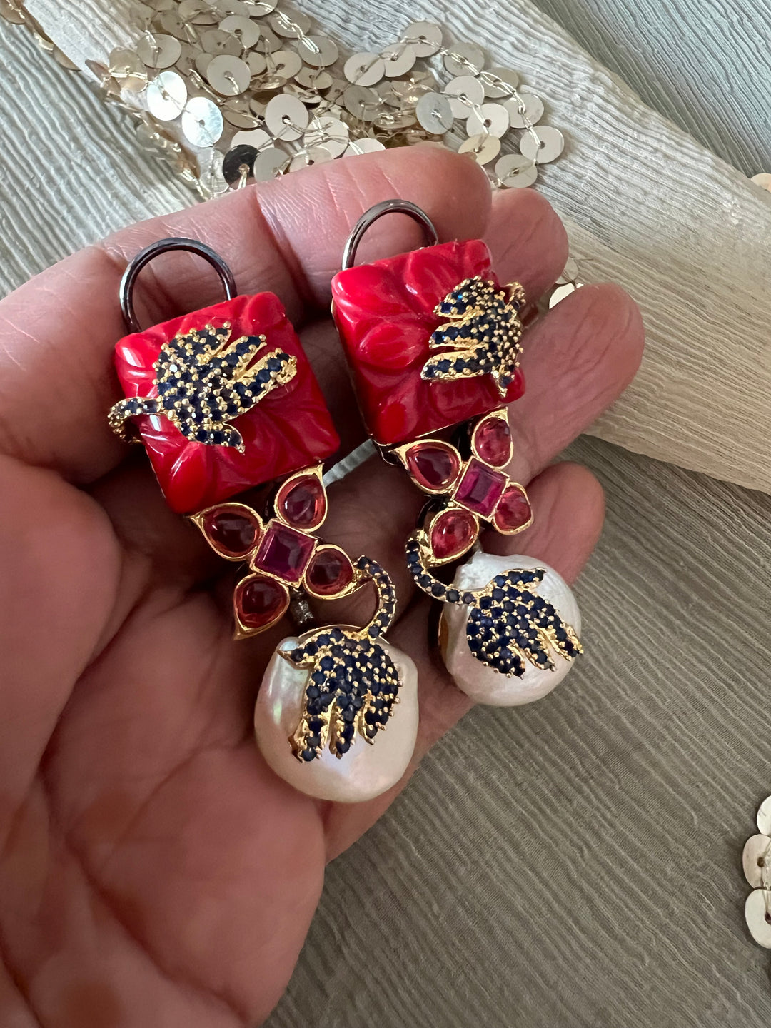 Designer Carved Stone Earrings with Dual Tone Polish - Premium Quality