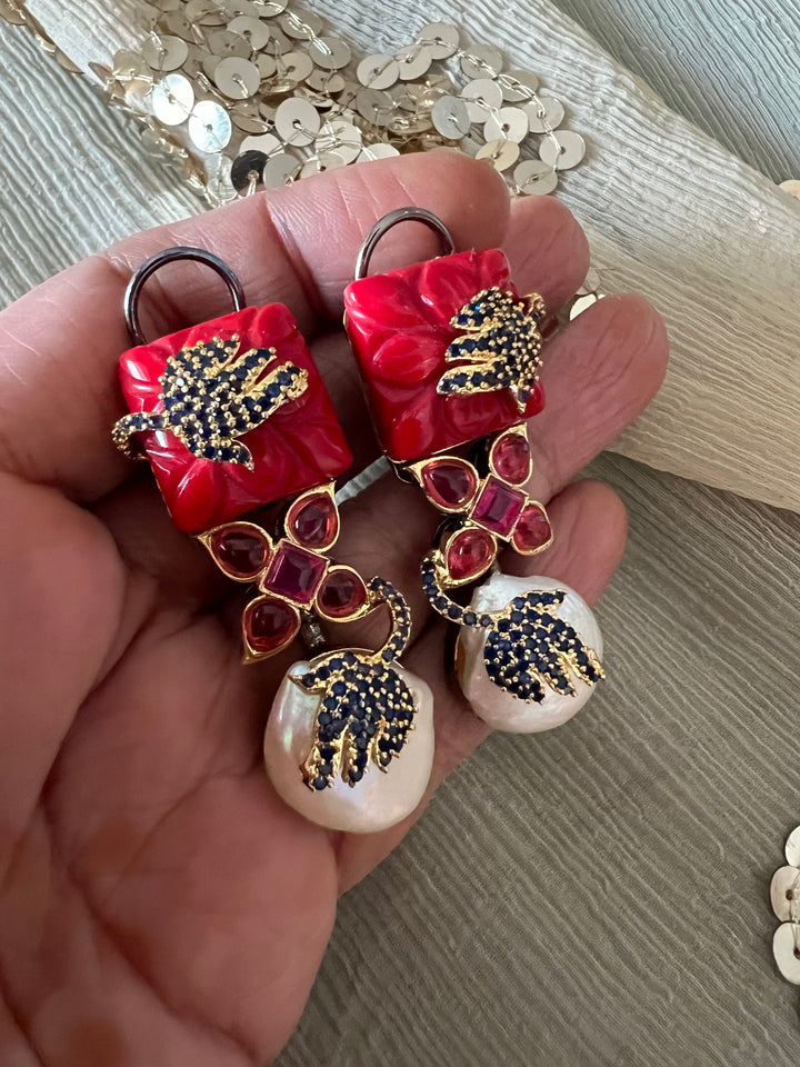 Designer Carved Stone Earrings with Dual Tone Polish - Premium Quality