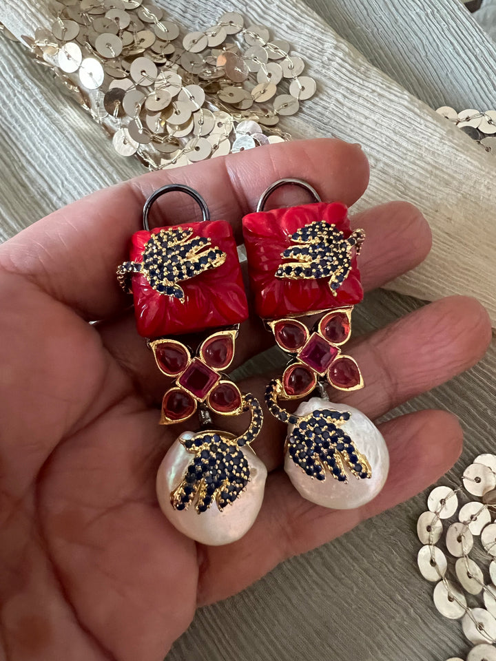 Designer Carved Stone Earrings with Dual Tone Polish - Premium Quality
