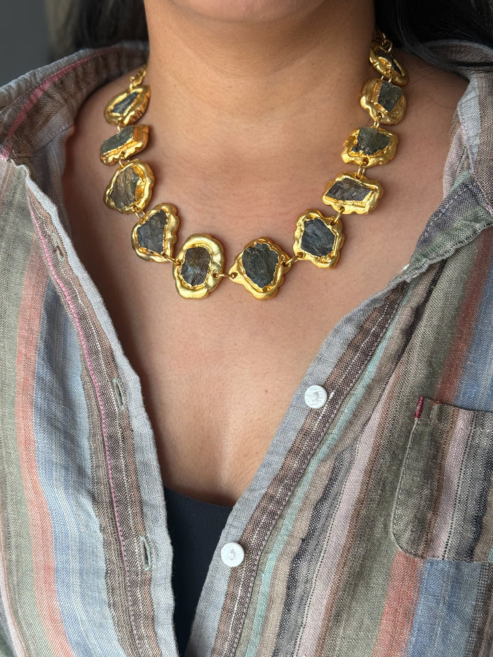 Handmade Natural Stones Gold Embedded Necklace | Adjustable Lobster Claw Brass Statement Jewelry