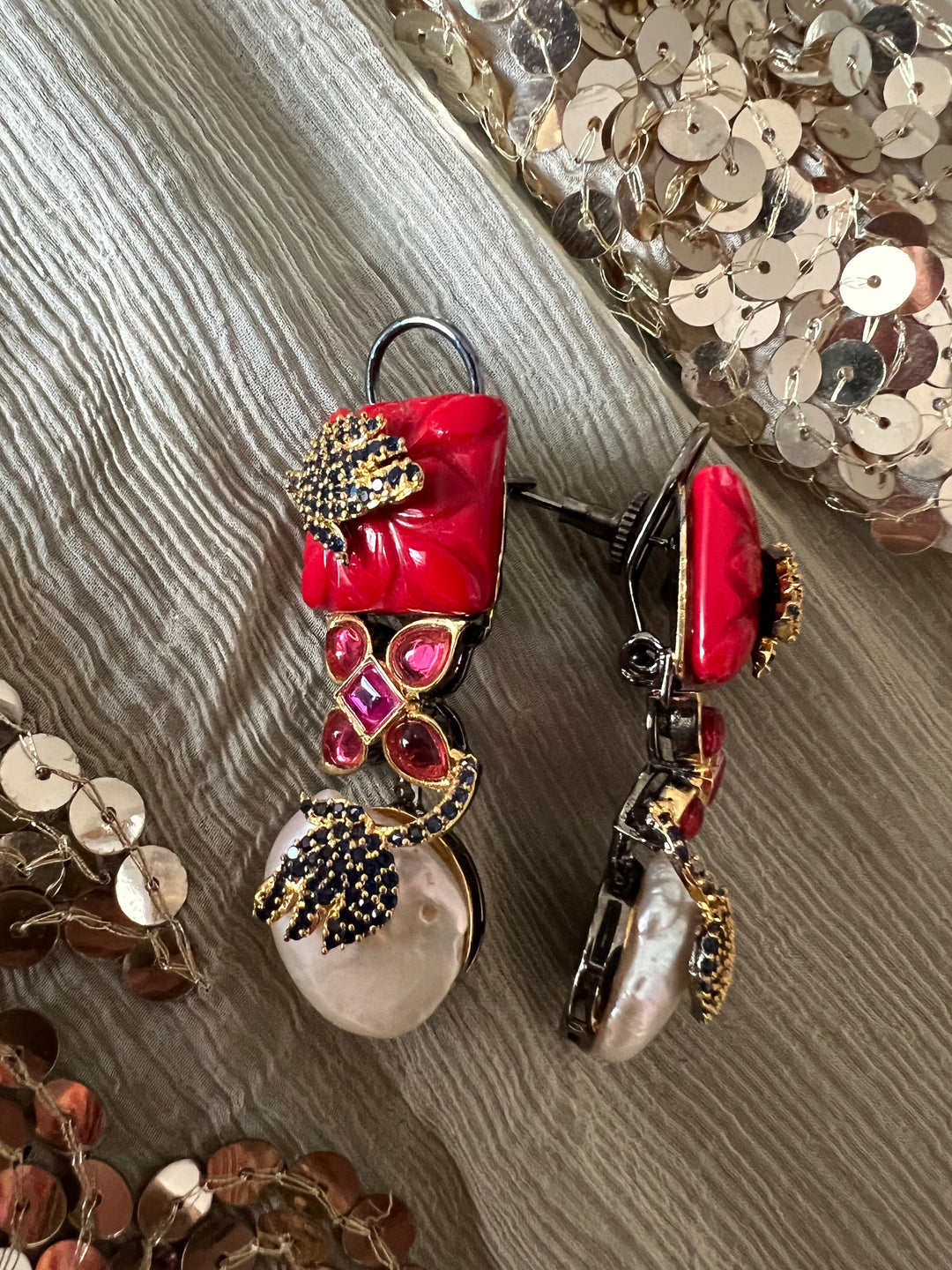 Designer Carved Stone Earrings with Dual Tone Polish - Premium Quality