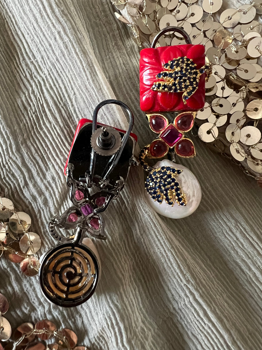 Designer Carved Stone Earrings with Dual Tone Polish - Premium Quality