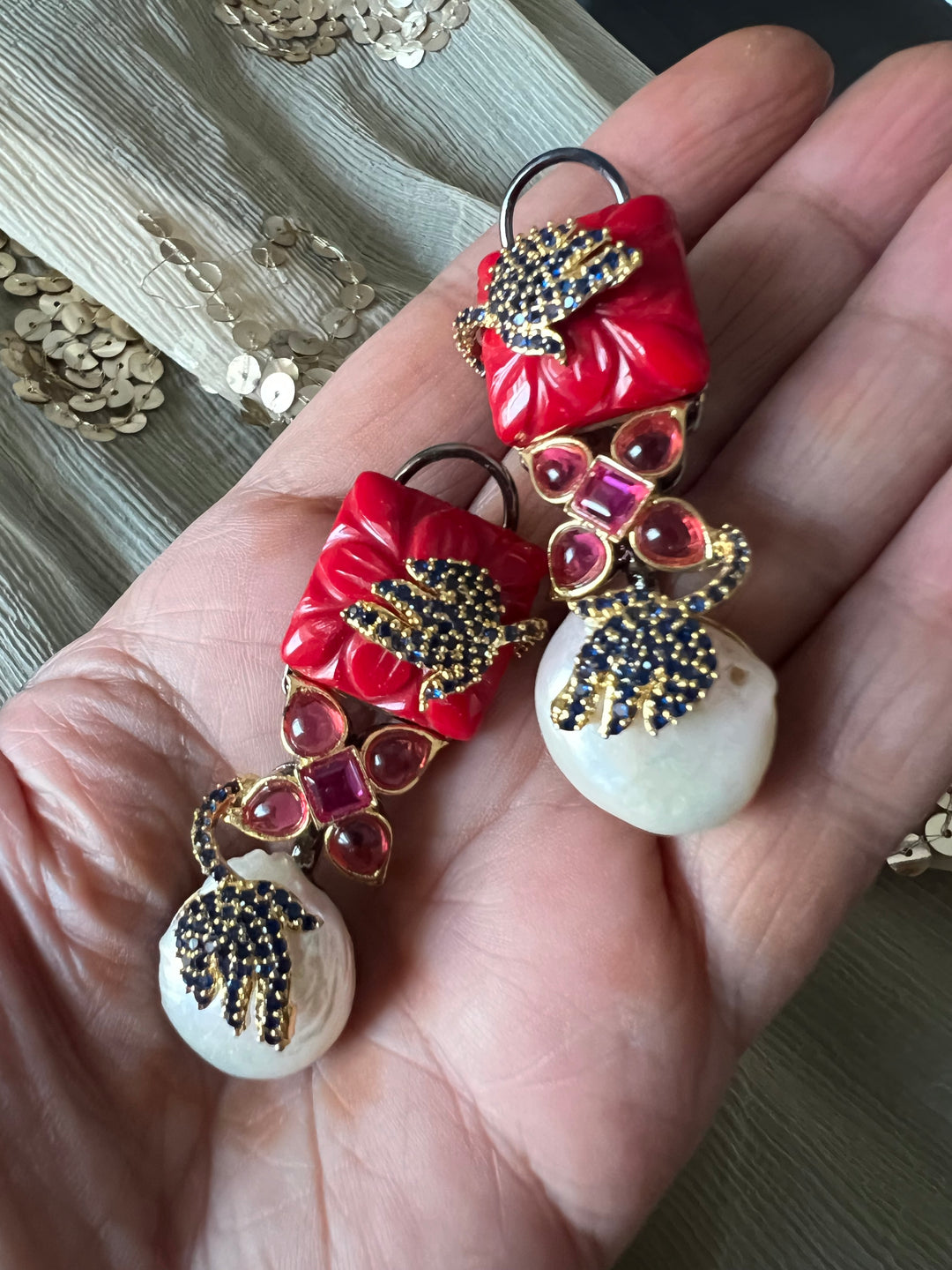 Designer Carved Stone Earrings with Dual Tone Polish - Premium Quality